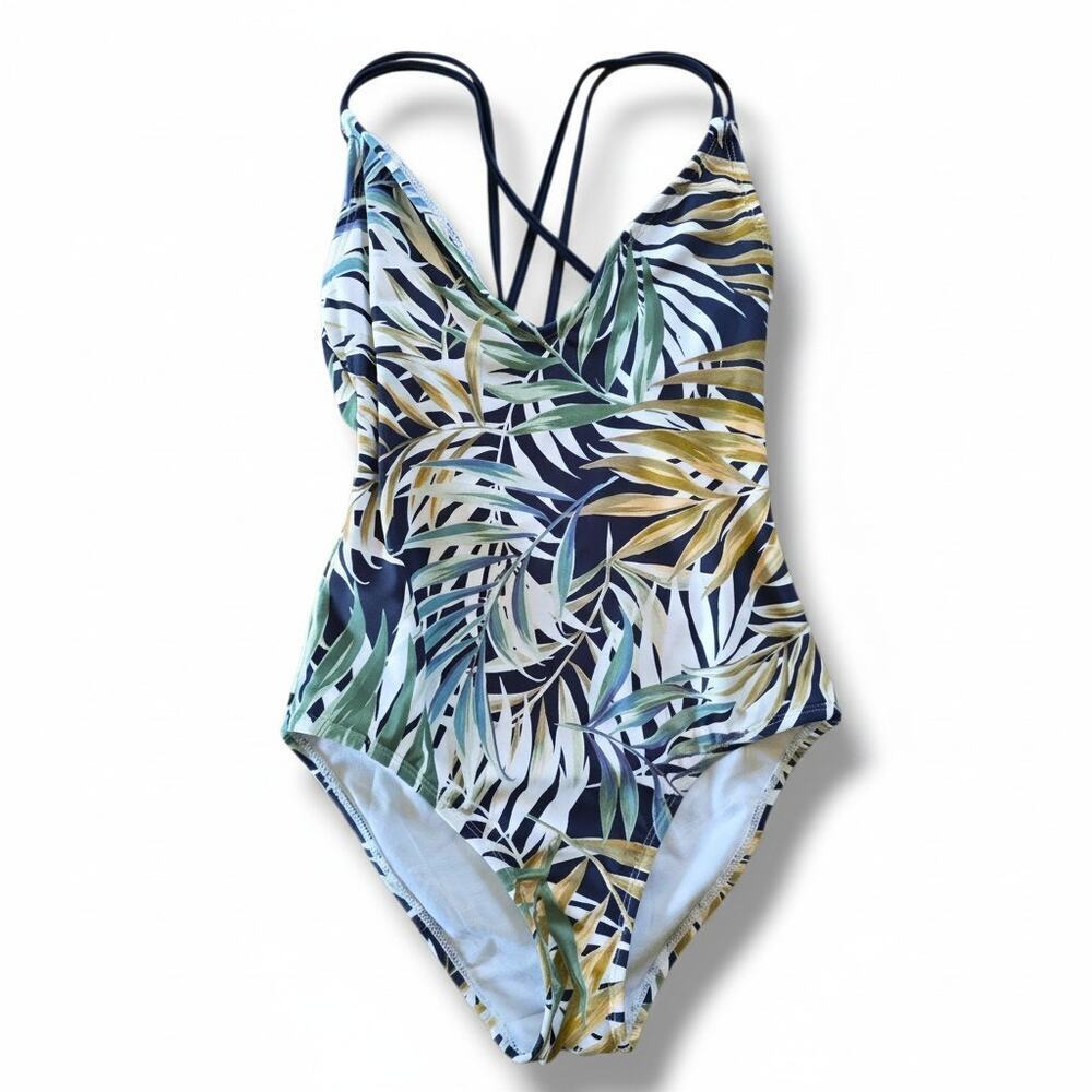 HURLEY women's Tropical Palm Leaf One Piece Swimsuit XS Blue Green Cross Back